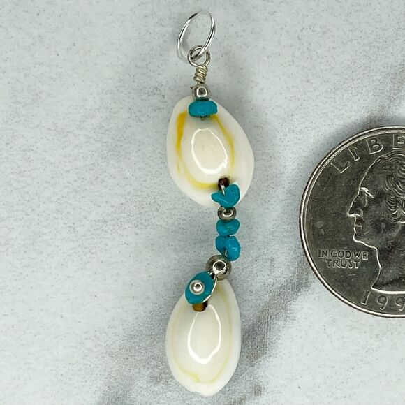 Faux Turquoise Beaded Cowrie Shell Upcycled Pendant - Picture 3 of 4